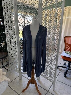 Navy Open-Front Knit Cardigan with Pockets